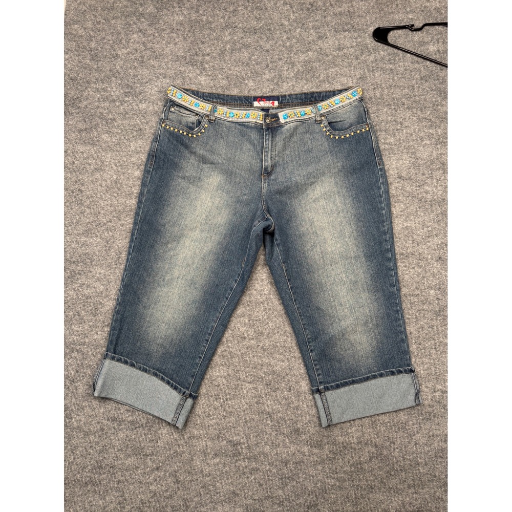 Iwah Jeans Womens 22W Blue Denim Beaded Floral Capri‎ Pants Y2K Cropped Cuffed